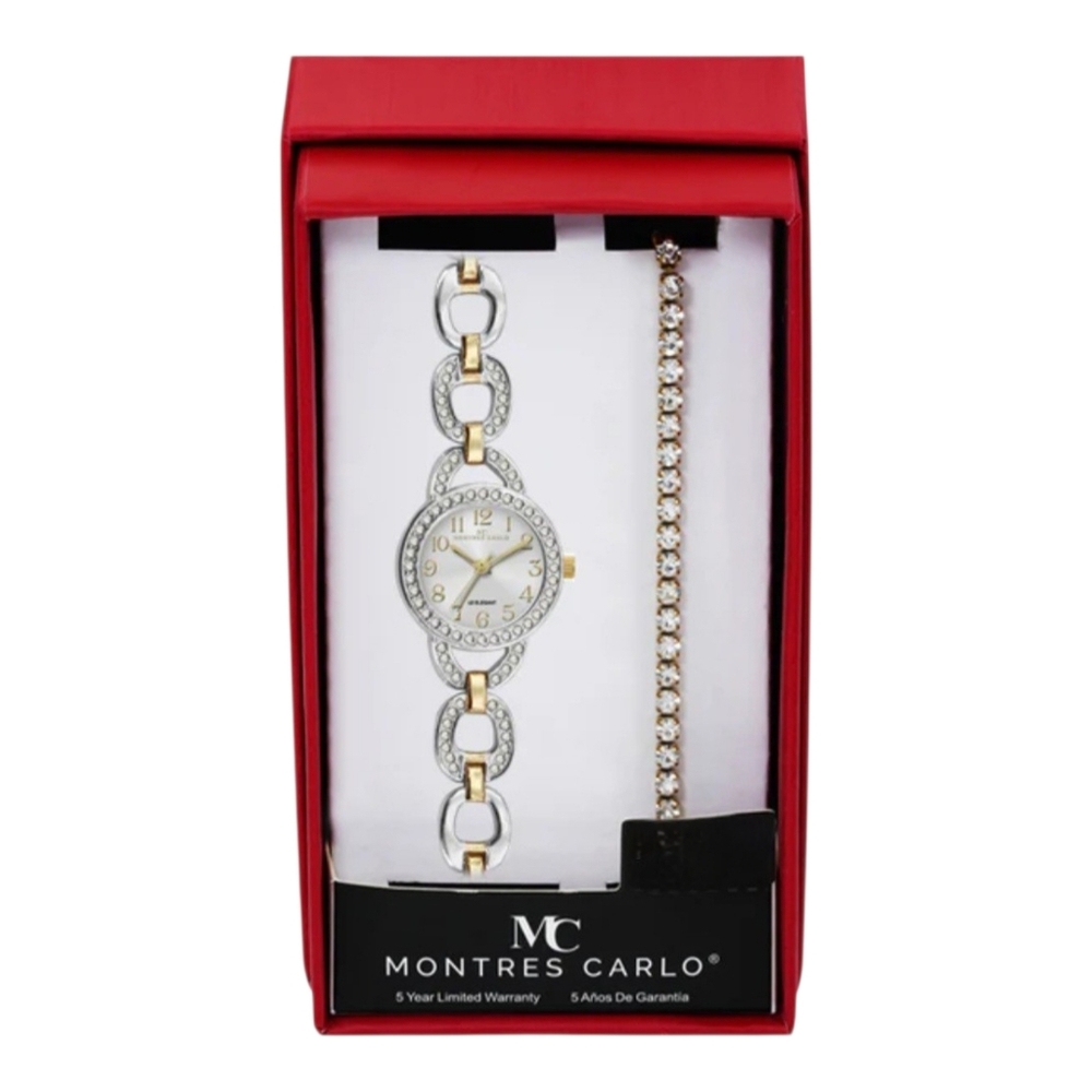 Women’s Two-Tone Crystal Link Watch and Bracelet Set - Silver & Gold